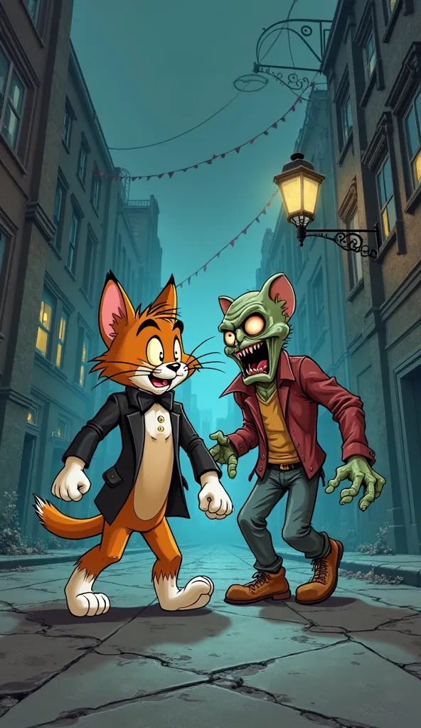 Tom from the cartoon, Tom walked the streets, and saw a zombie scared 