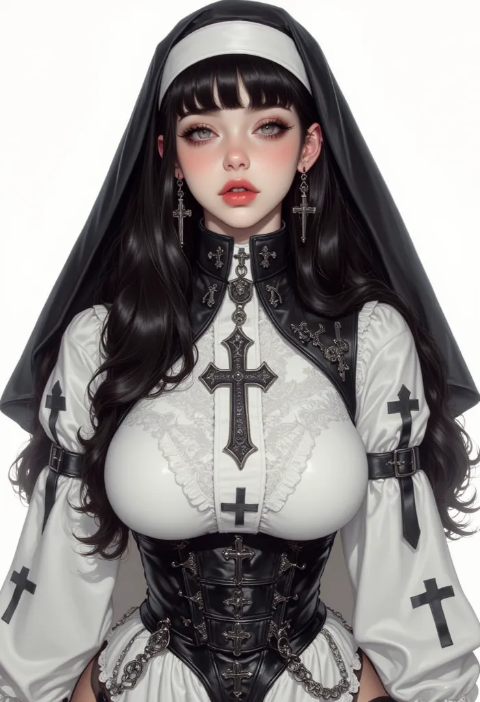 This is a surreal watercolor painting ,   Digital illustration of a young woman wearing a provocative nun costume  ,  created in a hyperrealistic  ,  photorealistic style.   The subject is a woman with fair skin and pale complexion  , long, wavy black hair...