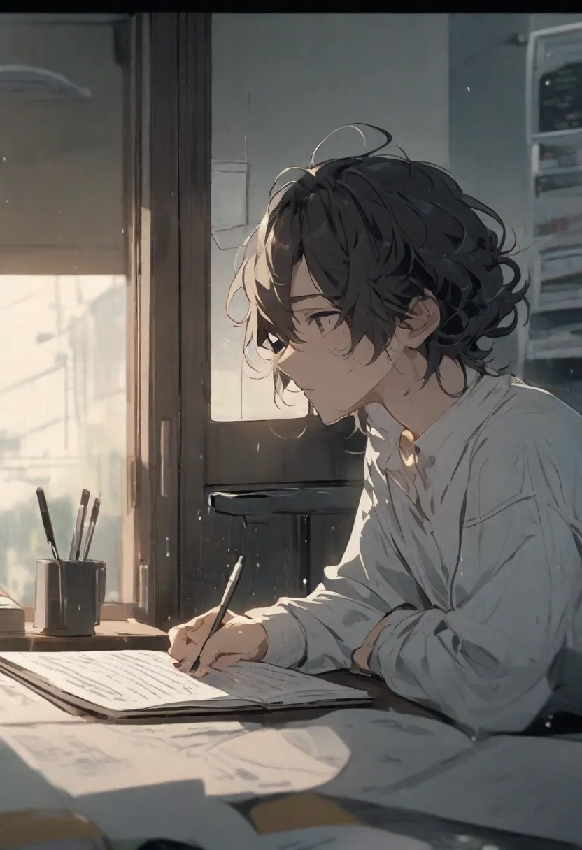 A boy with curled hair studying,  in the bedroom, And a rain outside