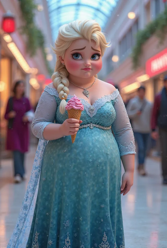 Elsa from frozen with fat body with ice cream in her hand in mall looking to tiny dress, she is so sad she can't wear it because she is fat 