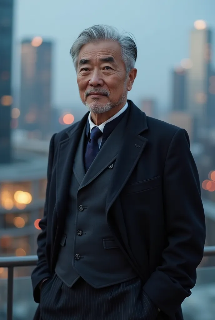 "A wise-looking Korean man aged 60-70 with silver hair and deep, thoughtful eyes. He wears a stylish, well-fitted dark suit with a long overcoat, exuding confidence and wisdom. He stands upright with a composed expression, gazing directly at the viewer. Th...