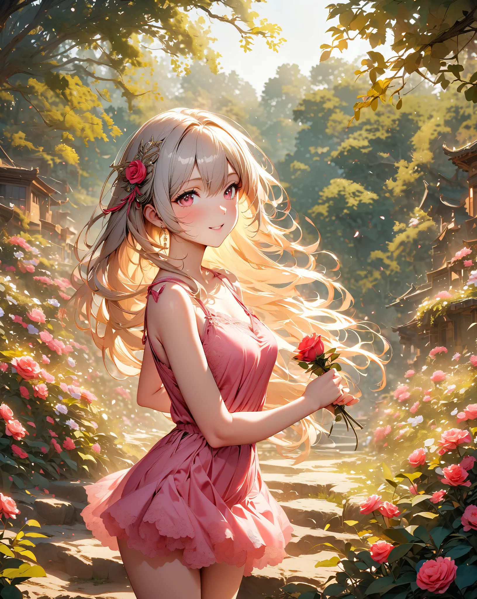 One Woman、long blonde hair、Japanese Gal's Morimori Hair、A strong smile、 rose flower 、pink camisole、Silver Hair Ornament、miniskirt、Hi-Res, masterpiece, accurate, 