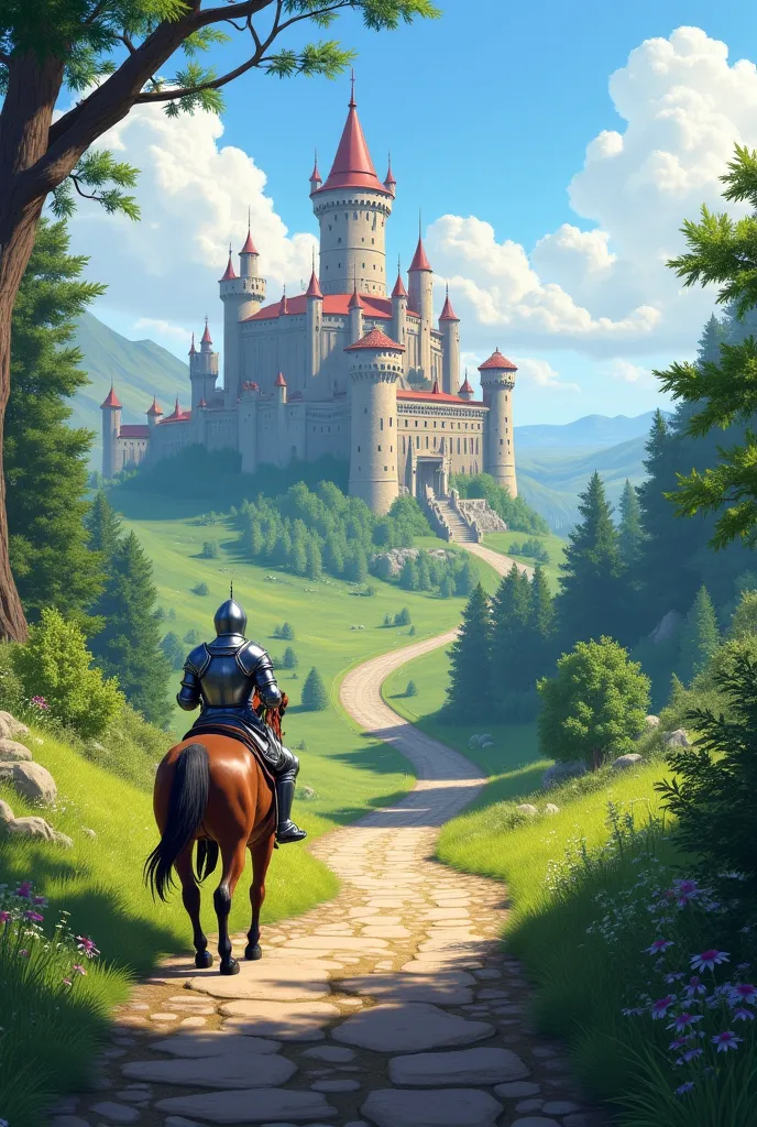 Fantasy world, kingdom castle, brightness, peace, a road to castle, 1 knight mount a horse go to castle, victoria battle