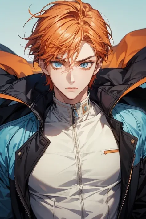 anime boy, handsome face, light blue eyes, orange hair, looking at the viewer, charming gaze, cool style with jacket, artistic background, (eye detail), (face detail), (body detail), (background detail), (masterpiece)