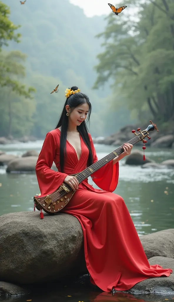 A beautiful Chinese woman wearing a traditional Chinese dress, light red silk, sexy and elegant, with a traditional dress showing off her big and sexy breasts, sitting with a traditional Chinese Guzheng, sitting on a large rock by the river, with flying bu...