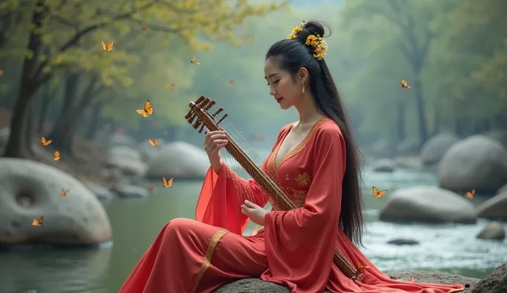 A beautiful Chinese woman wearing a traditional Chinese dress, light red silk, sexy and elegant, with a traditional dress showing off her big and sexy breasts, sitting with a traditional Chinese Guzheng, sitting on a large rock by the river, with flying bu...