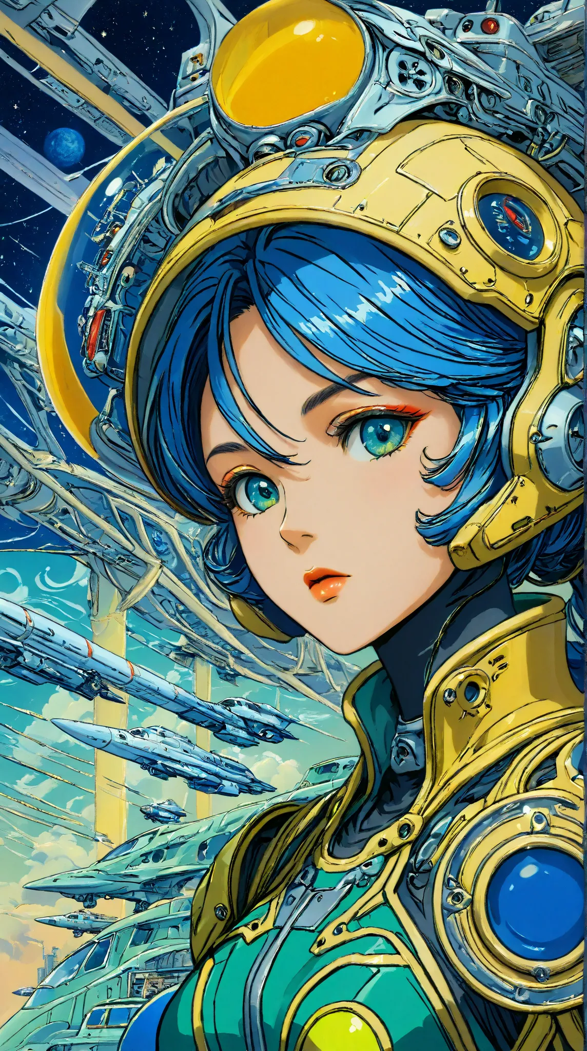 ((best quality)), ((masterpiece)), (detailed), perfect face of cyberpunk mecha japanese girl, surreal, art nouveau, in the illustrative style of moebius, spaceships, aliens, fantasy, sci-fi, graphic novel, line drawing, french retro, blues, teals, yellows,...