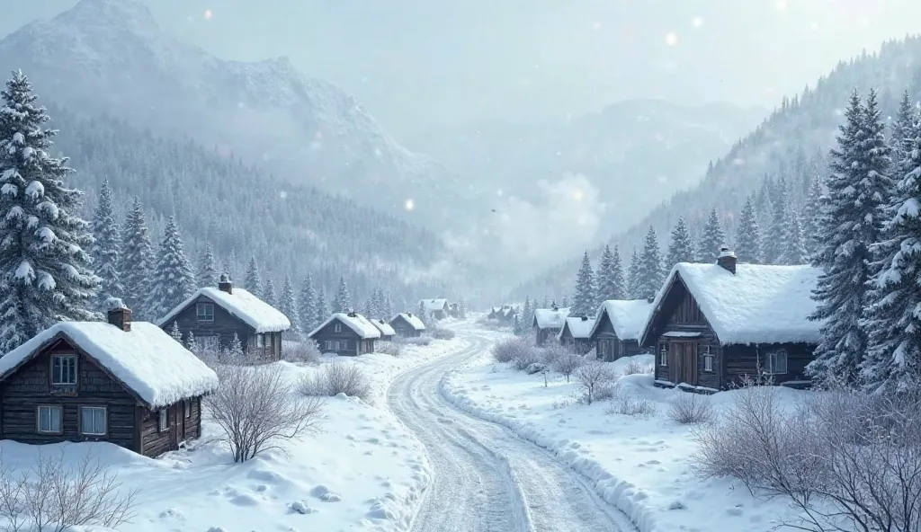 snow-covered rural village, surrounded by frost-covered pine trees and misty mountains. The rooftops of small wooden huts are heavily layered with snow, and thin trails of smoke rise from a few chimneys. The icy roads stretch into the distance, covered in ...