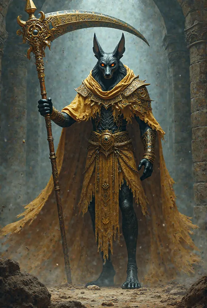 Anubis Reaper, Large Scythe, Dark Ominous Aura, Ornate Golden Battle Cloak