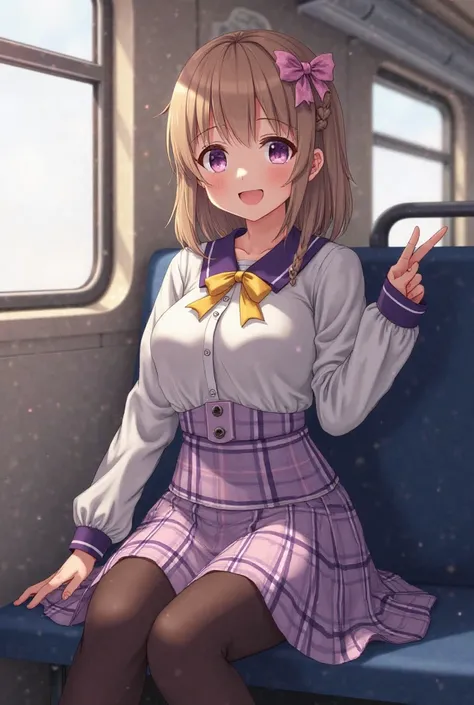 Photorealistic. The scene is inside a Japanese suburb train. It depicts a twenty-five years old woman, sitting in the train and wearing a light and dark purple plaid skirt, a buttoned white blouse with a purple collar and a yellow bow and thigh-high dark s...