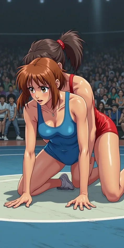 ultra detail, anime. Match from the nineties . a female in a blue freestyle wrestling singlet is on all fours in the center of the mat, and a female in a red freestyle wrestling singlet is holding it from behind