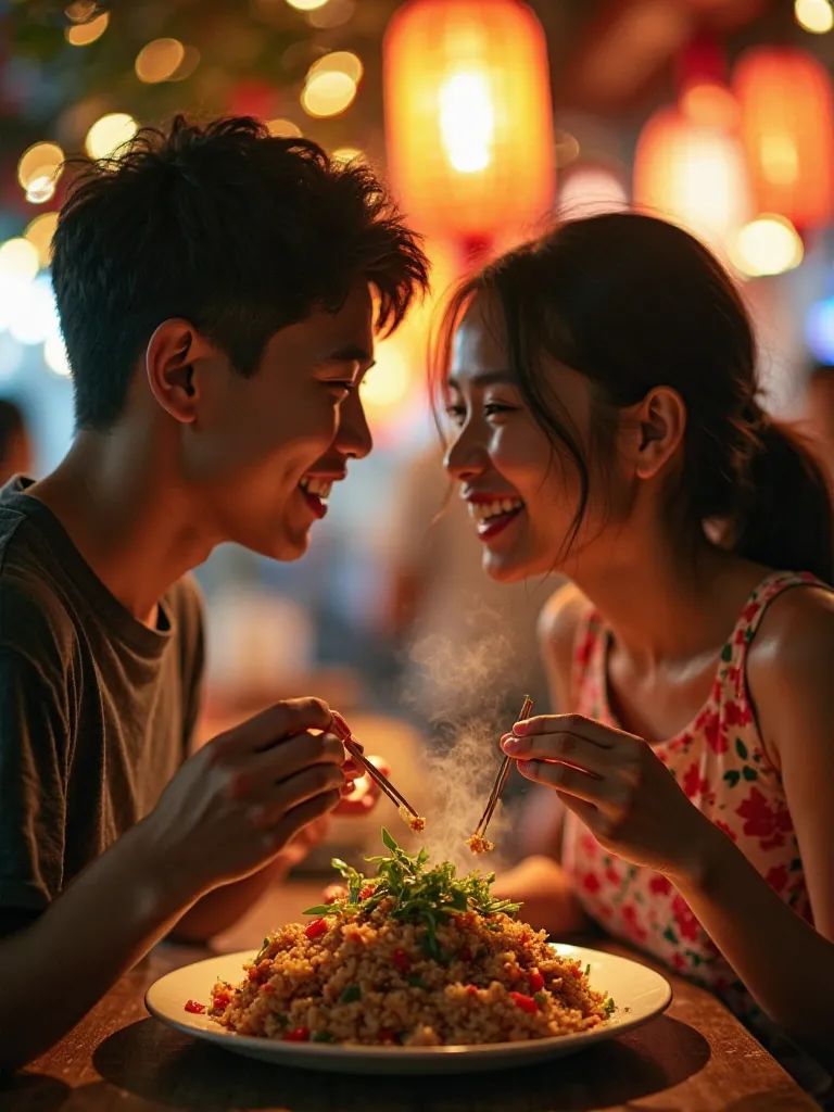 "A age boy and girl enjoying a delicious plate of Thai basil fried rice (Pad Krapow) at a cozy street food stall during the evening. They gaze into each other's eyes with loving smiles while sharing a plate, their hands almost touching as they pick up food...