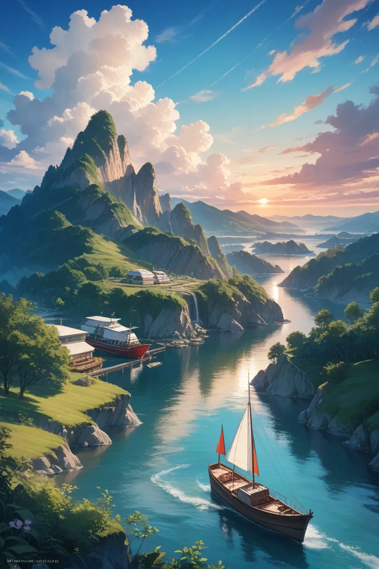 Picture of a sunset scene with boats anchored in the harbor, beautiful,  detailed painting, Highly detailed Ghibli style art,  Landscape,  Landscape 詳細, Detailed Scenery ,  8K HD Detailed Oil Painting, 夢のような Landscape, Detailed Digital Art,The image size i...