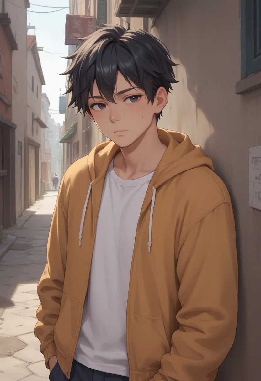 Shy high school boy with short black hair and black eyes showing sleepy expression, wearing casual clothes in an alley. 