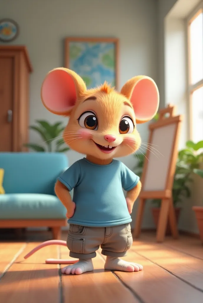 Beautiful light brown cartoon mouse in a blue t-shirt, gin pants and white socks, stands in a modest living room, where is an easel, blue sofa, window without curtains , brown wardrobe 