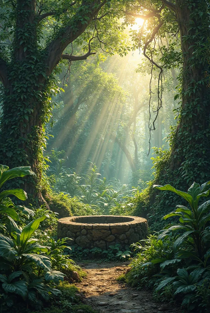 Setting: A dense jungle with tall trees, green bushes, and a deep well in the center. Sunlight filters through the leaves, casting a warm glow.