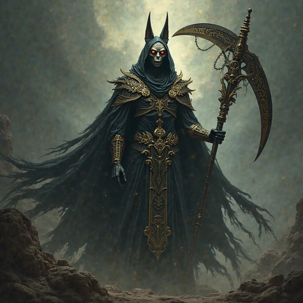 Anubis Reaper, Large Scythe, Dark Ominous Aura, Ornate Gold and Black Battle Cloak,