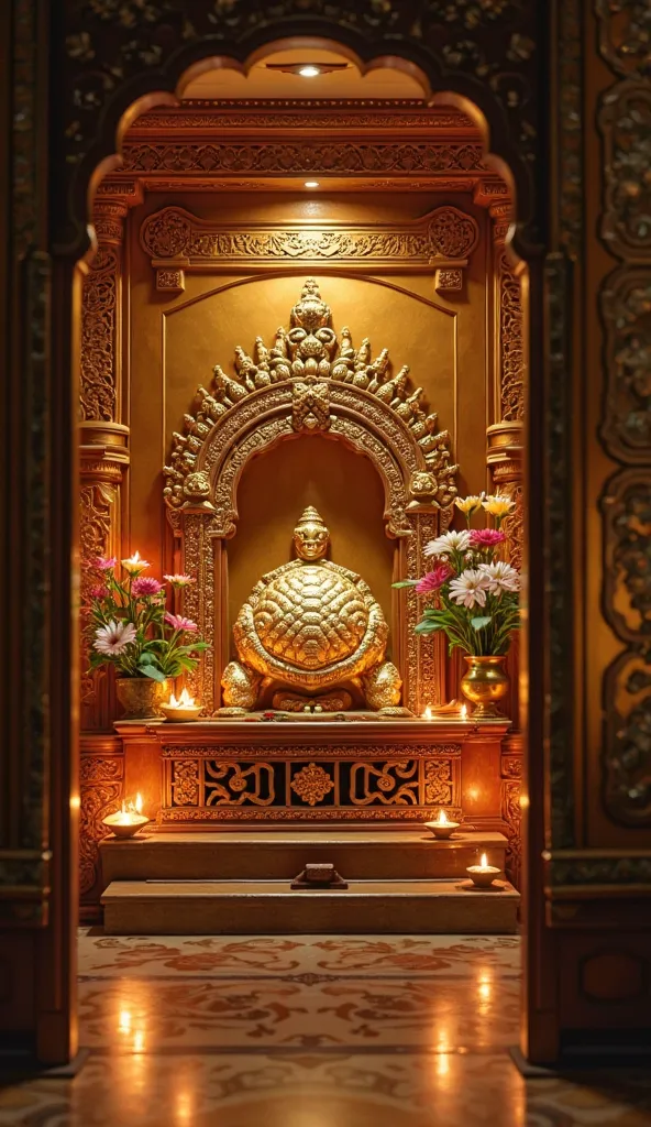 "Inside a beautifully decorated traditional pooja room, a golden turtle idol is placed reverently on an ornate wooden altar. The idol shines with a divine glow, symbolizing stability, longevity, and prosperity. The pooja room is adorned with flickering oil...