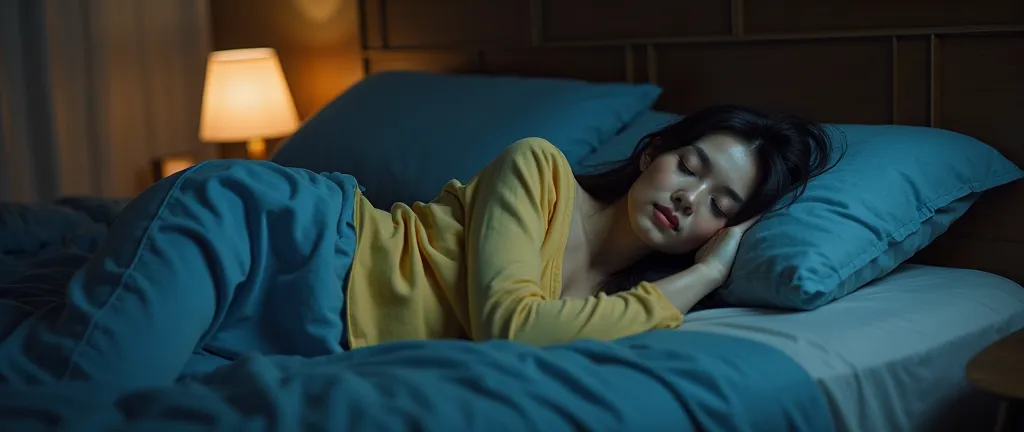 beautiful beautiful woman 70kg sleeping wearing a kuning shirt and Blue pajama pants sleeping in bed at dark night, Wearing a blanket with feet wearing shoes & wearing a blanket, 4k hd, reel