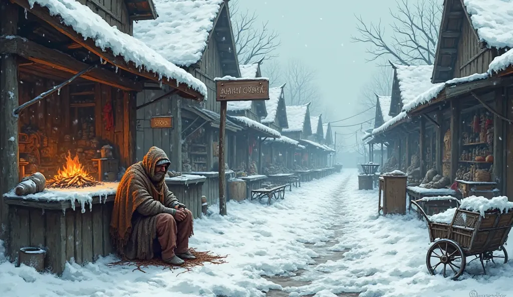 A deserted market street where wooden stalls remain covered in thick frost. A lonely shopkeeper, wrapped in a ragged woolen shawl, sits near a dying fire, rubbing his hands together. A broken cart is half-buried in snow, and a wooden sign, covered in frost...