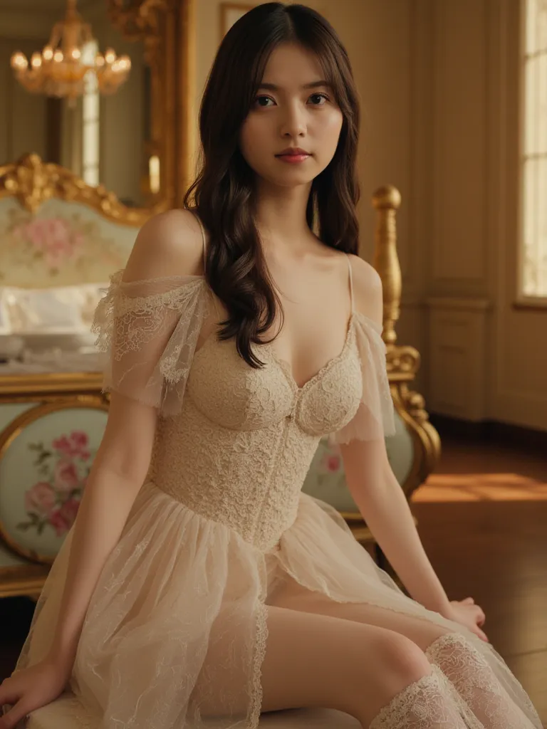 Alice in Wonderland concept style, she (asuka, aliceinwonderland) she wearing a Sexy lace princess dress, sexy sitting pose in Bedroom in the golden castle