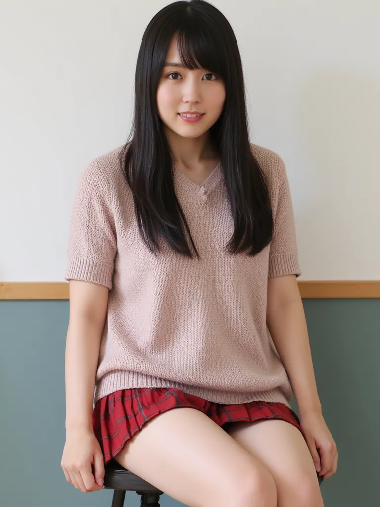 school uniform, short sleeve, panty shot, whole body, sharp eyes, short hair, Sitting with Knees Up on chair , wearing knit sweater & miniskirt, (Flirtingly lifting her skirt to show her panties:1.3)