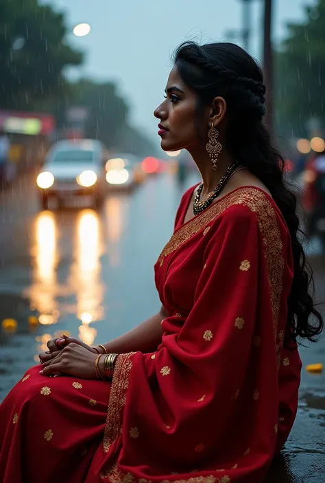 Agar aapko aise hi look wali Indian ladki chahiye, toh aapko prompt me ye details specify karni hongi:

Prompt for Similar Image:

"A young Indian woman sitting alone at a bus stop in a rainy city street. She wears a traditional red saree with golden embro...