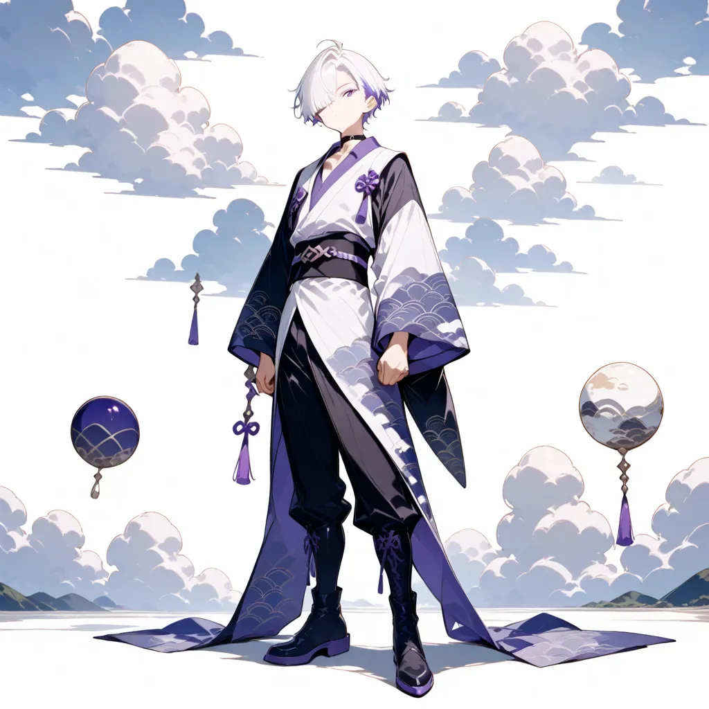 masterpiece, high score, great score, absurdres,
1boy,male focus, 20-yo, クモイエイテル, full body, toned,twink,white hair, side-parted, lilac highlights, hair over one eye,purple eyes, single purple earring,BREAK avant-garde japanese clothes,black choker,light p...