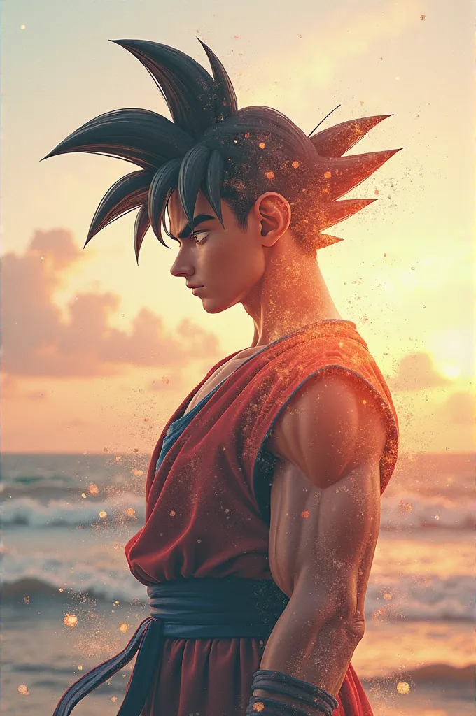 high quality, 8K Ultra HD, A beautiful double exposure that combines an goku from dragon ball with , sunset coast should serve as the underlying backdrop, with its details incorporated into the goddess , crisp lines, The background is monochrome, sharp foc...