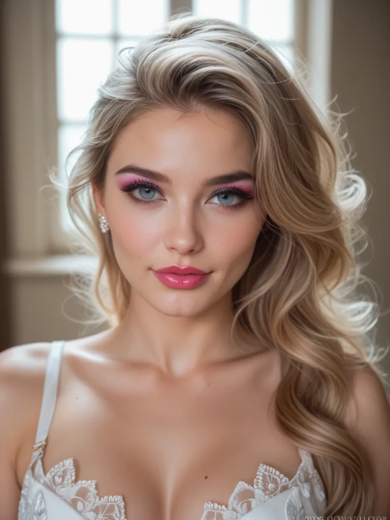 a woman in a white dress and pink lipstick, realistic perfect face, perfect realistic shaded face,  face, beauty woman with detailed faces, Realistic beautiful face ,  beautiful makeup , Detailed dress and face,  Realistic and defined face , beautiful phot...