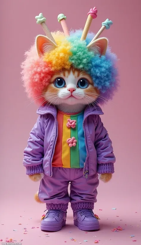 kitten,Sugar Rush, Snowana Rainbow costume,  colorful afro hair,ice cream sticks stuck in her head, realistic cat,    blue eyes, purple jacket and pants,Purple Shoes,     bright ,   oconnor  ,  Top Quality, Hi-Res, Watch One Woman's, Highest quality, 