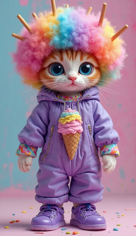 kitten,Sugar Rush, Snowana Rainbow costume,  colorful afro hair,ice cream sticks stuck in her head, realistic cat,    blue eyes, purple jacket and pants,Purple Shoes,     bright ,   oconnor  ,  Top Quality, Hi-Res, Watch One Woman's, Highest quality, 