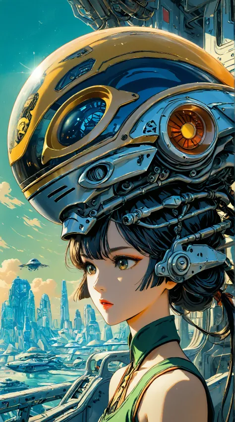 ((best quality)), ((masterpiece)), (detailed), perfect face of cyberpunk mecha japanese girl, surreal, art nouveau, in the illustrative style of moebius, spaceships, aliens, fantasy, sci-fi, graphic novel, line drawing, french retro,
