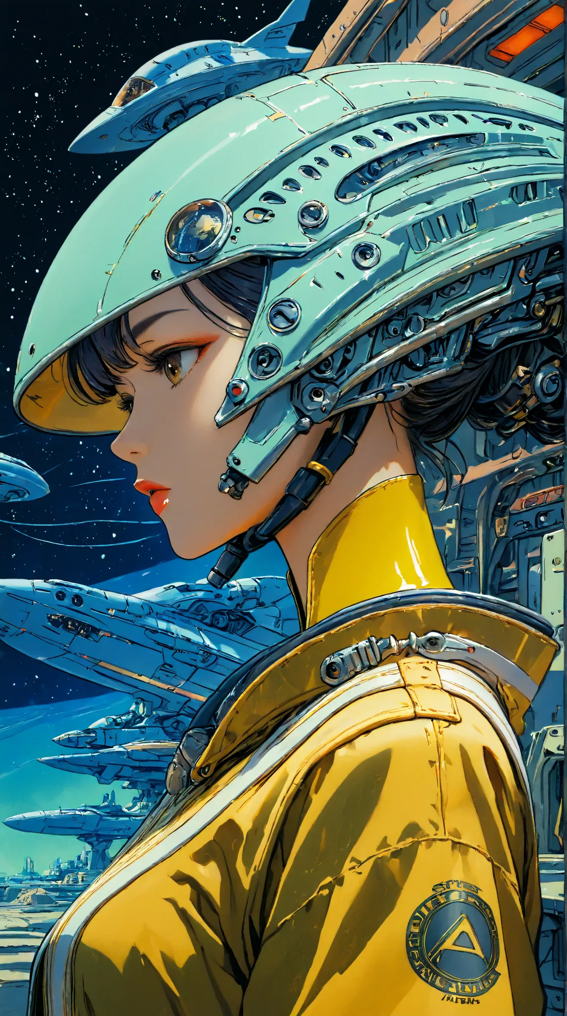 ((best quality)), ((masterpiece)), (detailed), perfect face of cyberpunk mecha japanese girl, surreal, art nouveau, in the illustrative style of moebius, spaceships, aliens, fantasy, sci-fi, graphic novel, line drawing, french retro,
