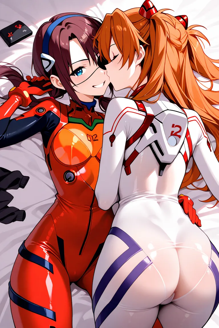 two girls、lily、Shikinami Asuka Langley、Makinami Mari Illustrious、Eye patch、Test plug suit、big butt、Beautiful butt、 soft buttocks、medium chest、 legs spread out、lean forward、Grin、provocative expression with an Oho face、Plug suit made of transparent orange fa...