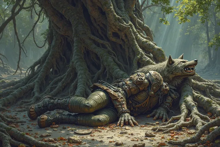 A wolf-headed soldier falling on the root of a tree