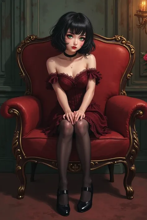 Soft airbrush painting style, soft digital comic art style; Black goth manor interior. Sitting properly on loveseat.
Pretty feminine BOY, BOY, MALE, MALE, half-Asian, 25 yrs old, short wavy fluffy black hair with bangs to the right, emerald green siren eye...