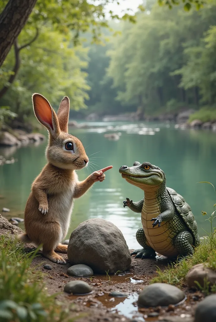 A rabbit, a tortoise, and a crocodile stand together near the riverbank. The rabbit is pointing its finger toward a medium-sized rock, signaling the crocodile to look at it. The crocodile, with a curious and slightly puzzled expression, turns its head towa...