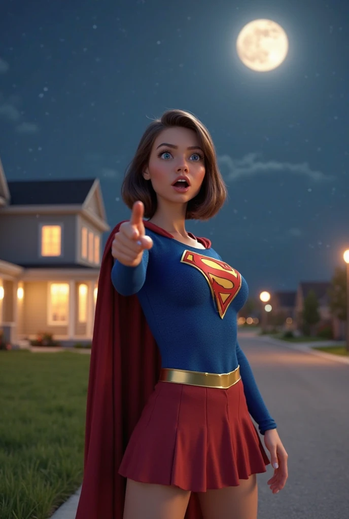 8k 3d rendering image show A young woman, depicted as Supergirl, is the central figure.  She is light-skinned, with shoulder-length brown hair, and a surprised, open-mouthed expression.  Her facial features are detailed and expressive. She wears a form-fit...