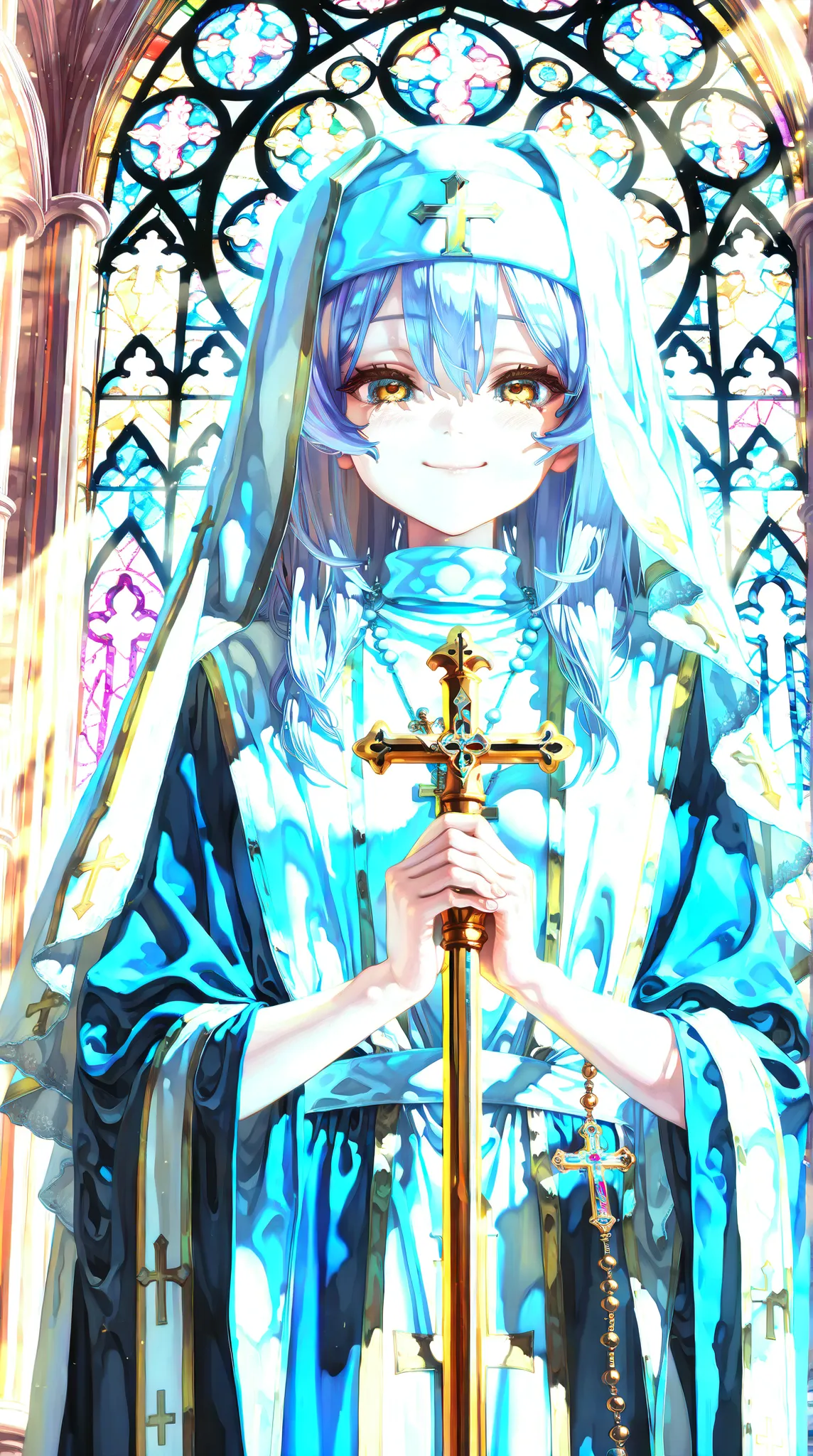 ((Highest quality)),( super high definition ),(very well detailed),( detailed description),(( best CG )),(masterpiece), Ultra Detailed Art ,Amazing Painted Art,(Art with Delicate Details:1.5),  Female Deacons:1.5, beautiful well-groomed face,  A Smile of C...