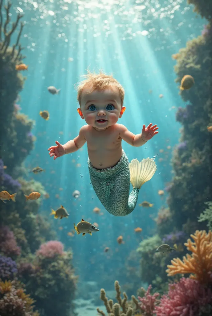 Create a hyper-realistic, photorealistic image of a merbaby, blending human and aquatic features seamlessly. The baby has a shimmering, translucent-scaled fishtail instead of legs, with delicate, flowing fins that catch the light as it moves gently through...