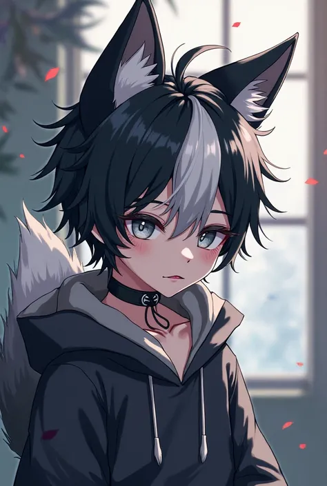 anime boy with black and white hair, Wolf ears and a wolf's tail, and a muzzle in a puppy's mouth, y un collar de perro, and a string 