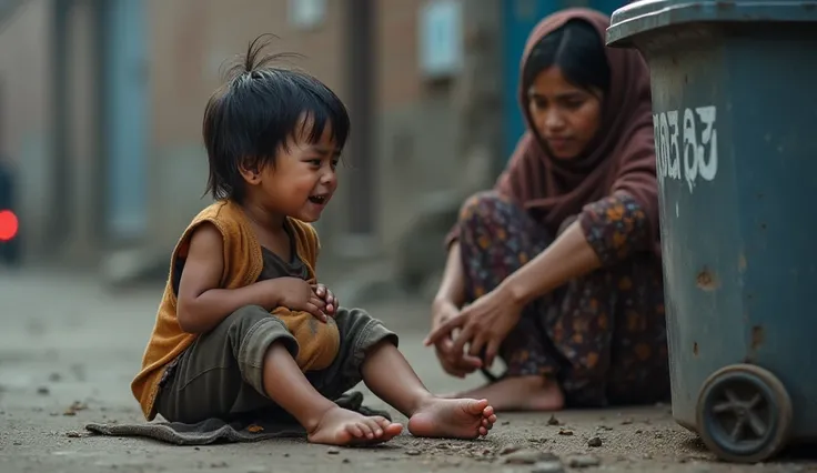  Crying from Hunger

"A sad  with messy hair and a thin face sits on the ground, crying with hunger. His small hands hold his empty stomach as tears roll down his cheeks. His mother, looking helpless and broken, watches him with teary eyes. They are sittin...