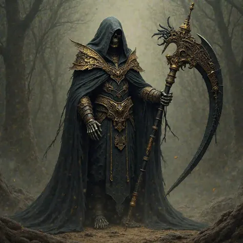 Anubis Reaper, Large Scythe, Dark Ominous Aura, Ornate Gold and Black hooded Battle Cloak