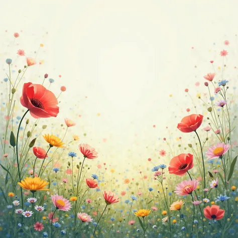 A dreamy watercolor meadow filled with pastel-hued blossoms like poppies, cornflowers, and buttercups, with delicate brush strokes capturing the soft movement of the flowers in the wind