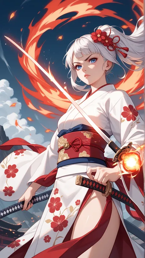 A digital illustration shoot from below about a fierce female character wielding a katana, dressed in a traditional japanese outfit with floral patterns, standing confidently in the middle of the image. the character, a young woman with long, flowing white...