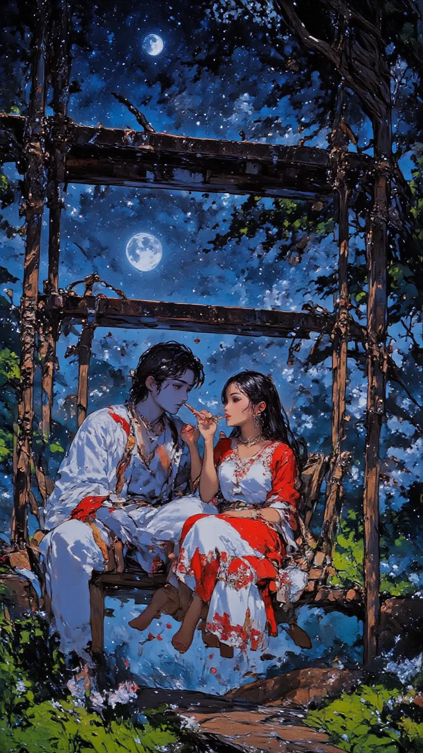 A cute  couple god Krishna playing flute and cute radha listening with smile on beautiful place, looking each other, on sky a moon light is beautiful,  a side big giant tree ancient , a Krishna body is blue Soft skin, romantic, on hanging tree Playing swin...