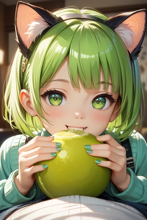 cute girl、naked、I'm wearing lime green cat ears、watching viewers、is blushing、 cute room、close-up、lime green bob cut hair、lime green nails、 green eyes、big smile、knees apart feet together、fish eye