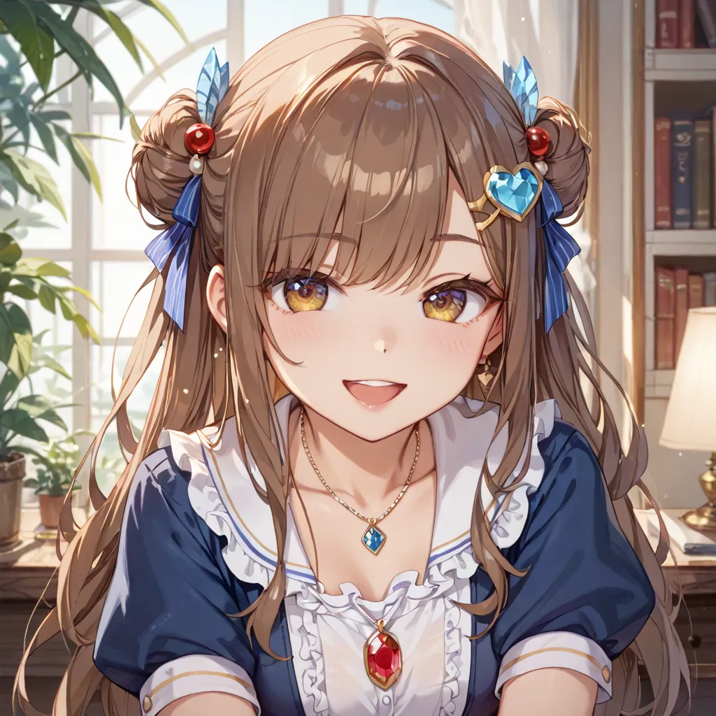 brown hair、long hair、 eye larger、Keep the outer corner of your eye high 、lashes slightly longer、Small nose、Open your mouth slightly、smile、18 years old、Lean forward、Short sleeve、the top of the chest is exposed、 pendant、small hair ornament