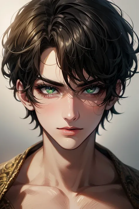 anime boy, handsome face, green eyes, black hair, looking at the viewer, charming gaze, prince style, vintage background, (eye detail), (face detail), (body detail), (background detail), (masterpiece)